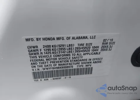 2019 Honda Passport Touring z USA, uszkodzony, nr VIN 5FNYF8H98KB008970